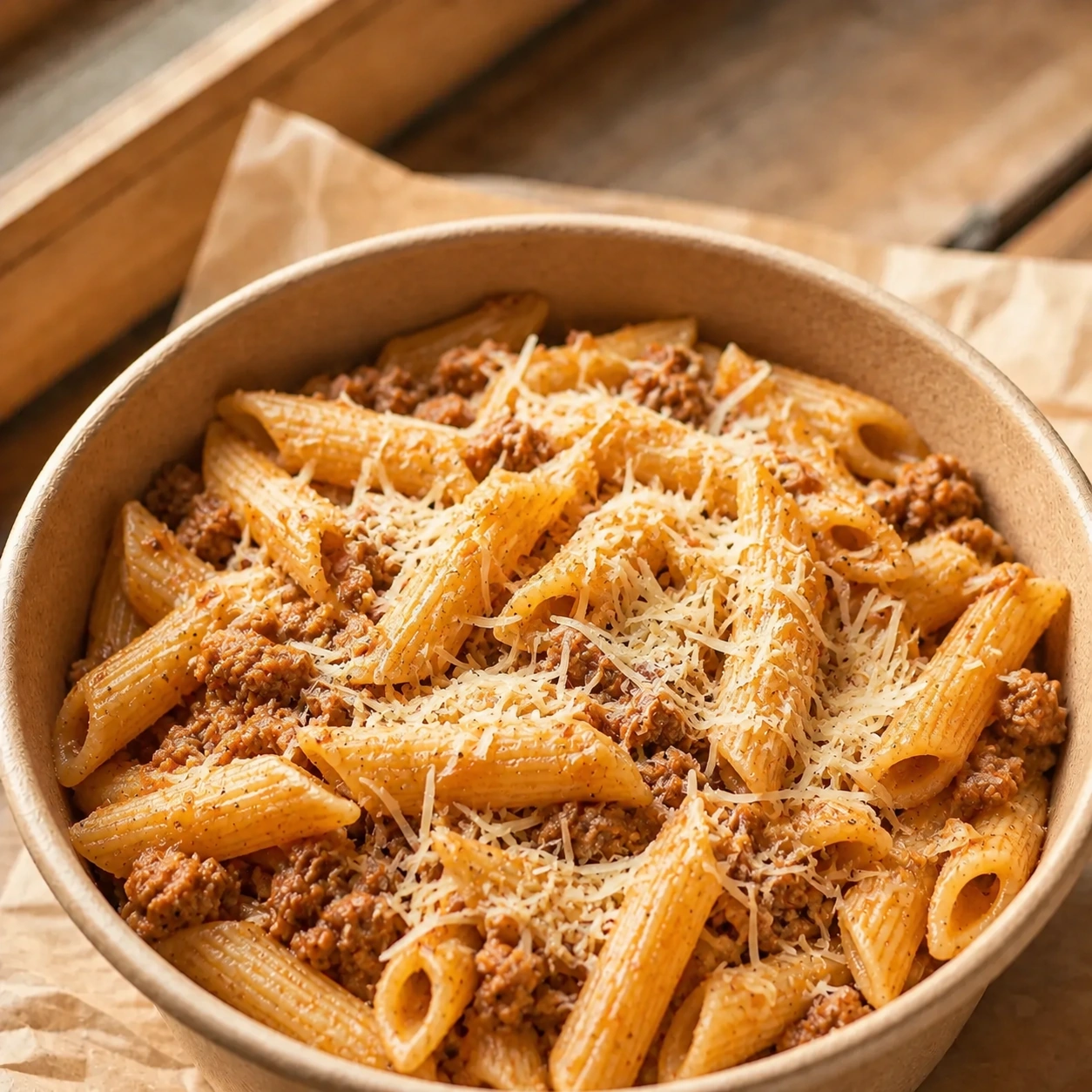 Makaron penne z mięsem i tartym serem